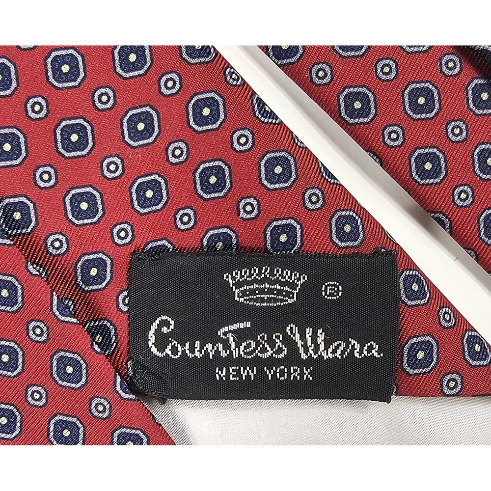 Vintage Woolf Brothers Countess Mara Tie Geometric Logo Red Black Blue Irregular